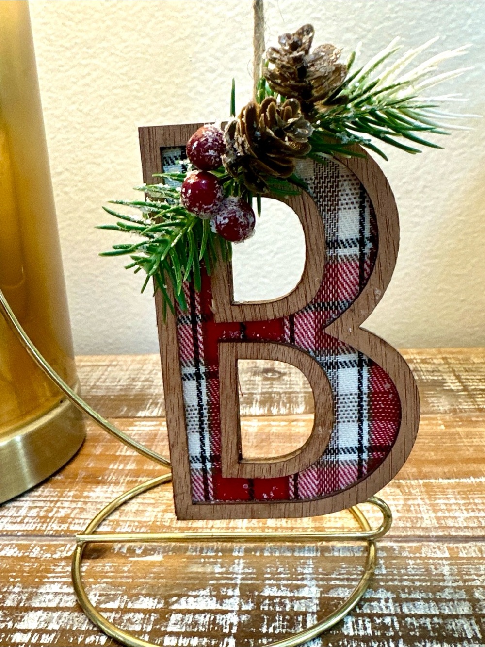 Letter B Monogram Christmas Ornament Red Plaid Initial Uppercase 5” X 3” Wood